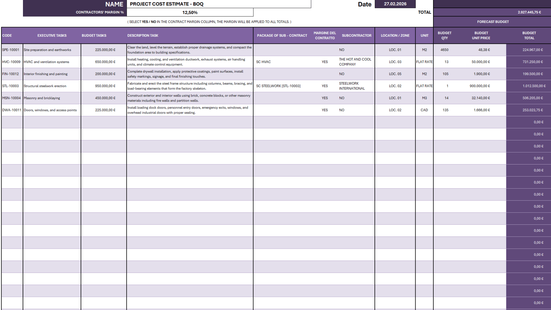 Bespoke Excel template with branded colour scheme, protected structure and automated calculations tailored to the client's workflow